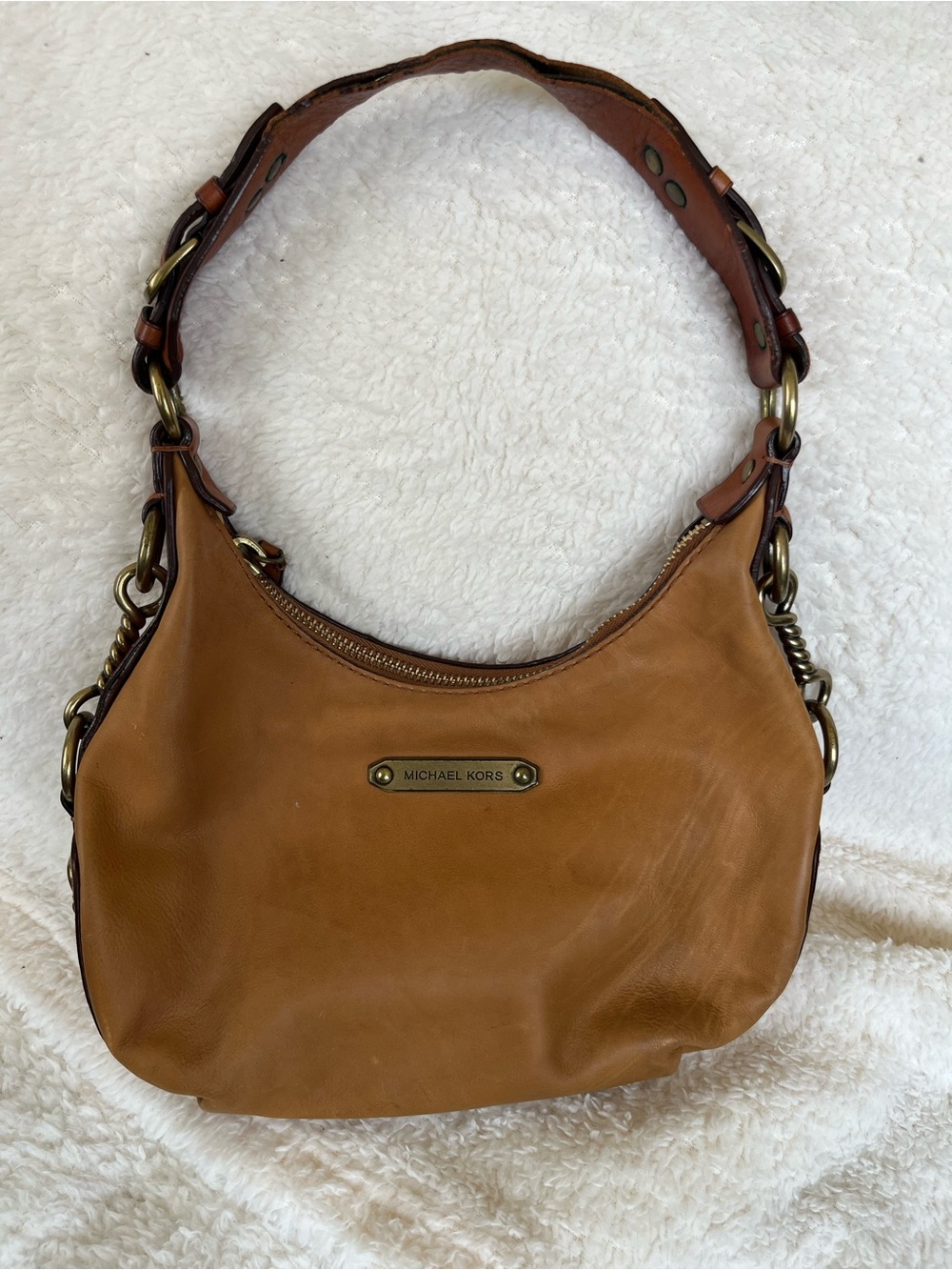 Michael Kors Cognac Leather Hobo Shoulder Bag with Brass Accents